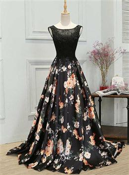 Picture of Charming Black Color Floral Satin Long Party Dresses, Elegant Formal Gown